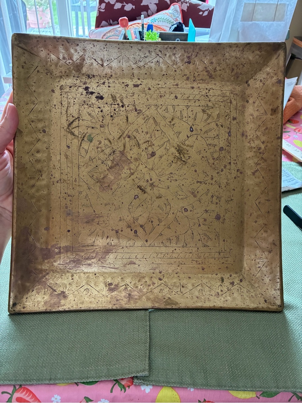 Antique-Style Gold Metal Square Serving Tray